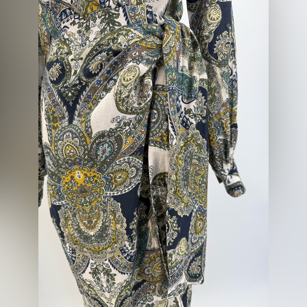Magaschoni Sophisticated Paisley Belted Wrap Dress – Navy Gold Long Sleeve Midi - Picture 14 of 17